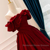 Wine Red Satin Off Shoulder Chic Long Party Dress, Wine Red Sweetheart Semi Formal Prom Dress
